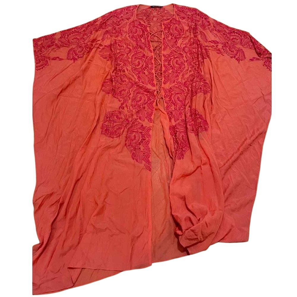 KAS New York‎ Anthropologie Pink Embroidered Lace Up Front Boho Cover Up Kimono